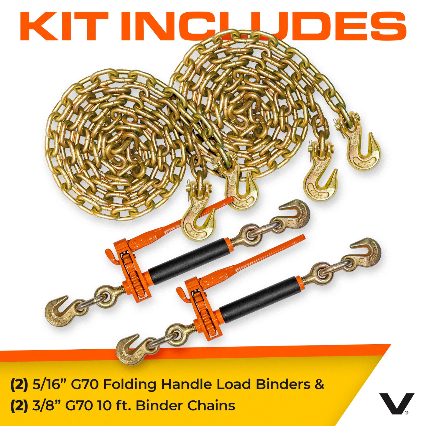 VULCAN Chain and Load Binder Kit - (2) Grade 70 3/8 Inch x 10 Foot Chains And (2) Folding Handle Load Binders - 4,700 Pound Safe Working Load