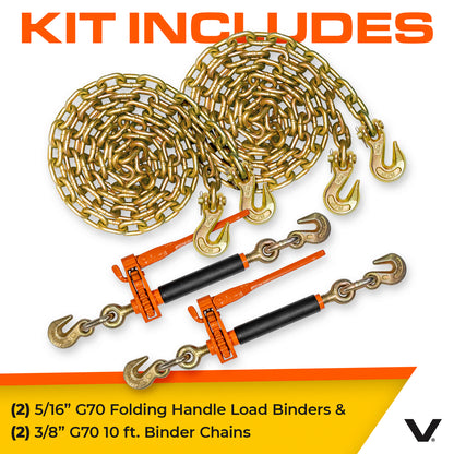 VULCAN Chain and Load Binder Kit - (2) Grade 70 3/8 Inch x 10 Foot Chains And (2) Folding Handle Load Binders - 4,700 Pound Safe Working Load