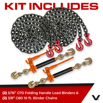 VULCAN Chain and Load Binder Kit - (2) Grade 80 3/8 Inch x 10 Foot Chains And (2) Folding Handle Load Binders - 7,100 Pound Safe Working Load