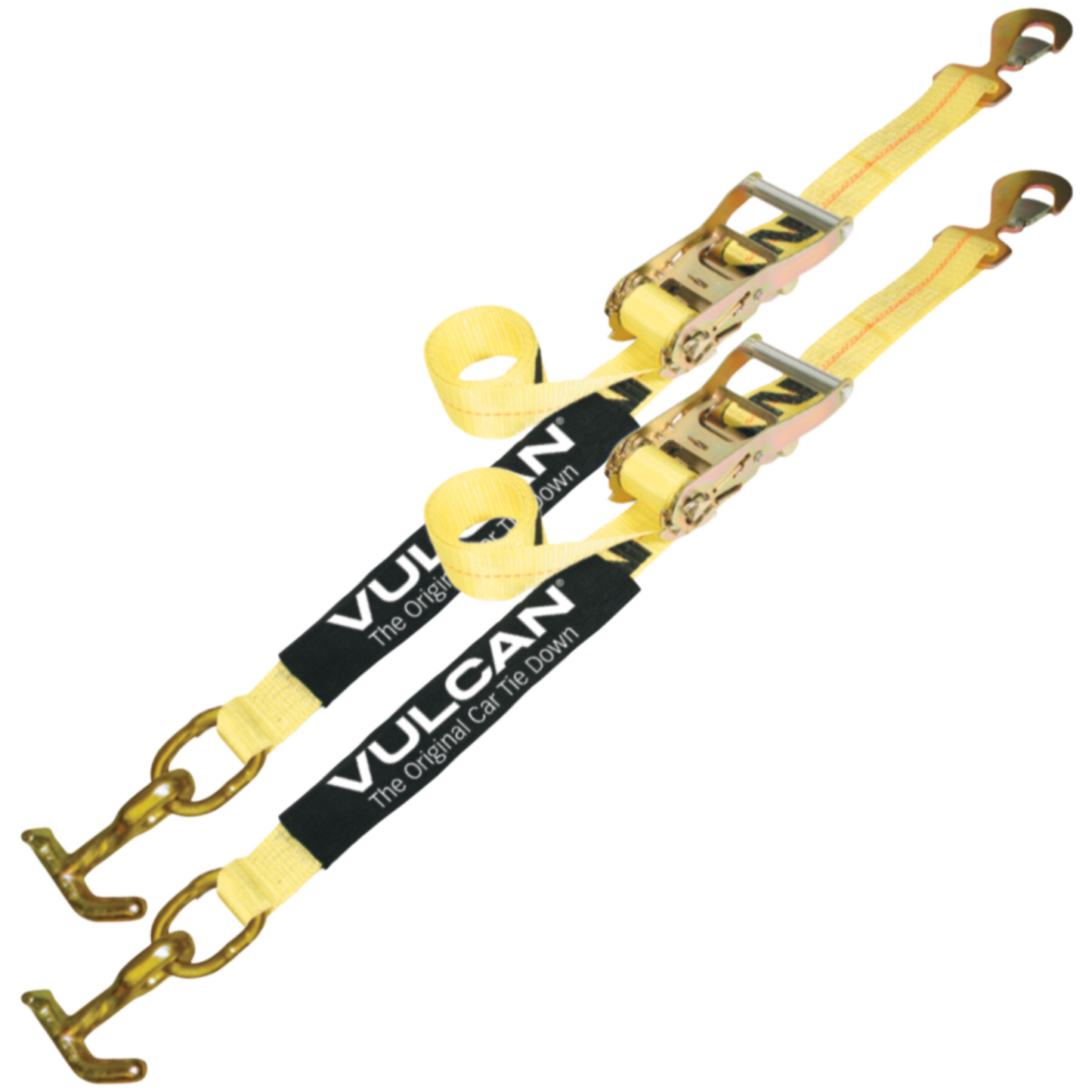 VULCAN Car Tie Down with Universal Fast-Strap Frame Hook - 72 Inch - 2 Pack - Classic Yellow - 3,300 Pound Safe Working Load