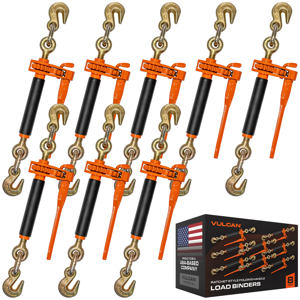 VULCAN Folding Handle Load Binder (Eight Pack) with 2 Grab Hooks - Ratchet Style - 7,100 Pound Safe Working Load (Works with 5/16 Inch or 3/8 Inch Grade 70 and Grade 80 Chain)