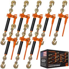 VULCAN Folding Handle Load Binder (Eight Pack) with 2 Grab Hooks - Ratchet Style - 7,100 Pound Safe Working Load (Works with 5/16 Inch or 3/8 Inch Grade 70 and Grade 80 Chain)