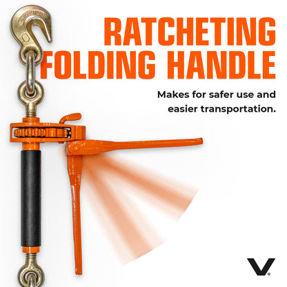 VULCAN Folding Handle Load Binder (Two Pack) with 2 Grab Hooks - Ratchet Style - 12000 Pound Safe Working Load (Works with 3/8 Inch Grade 70, 80 and 100 or 1/2” Grade 43 Chain)