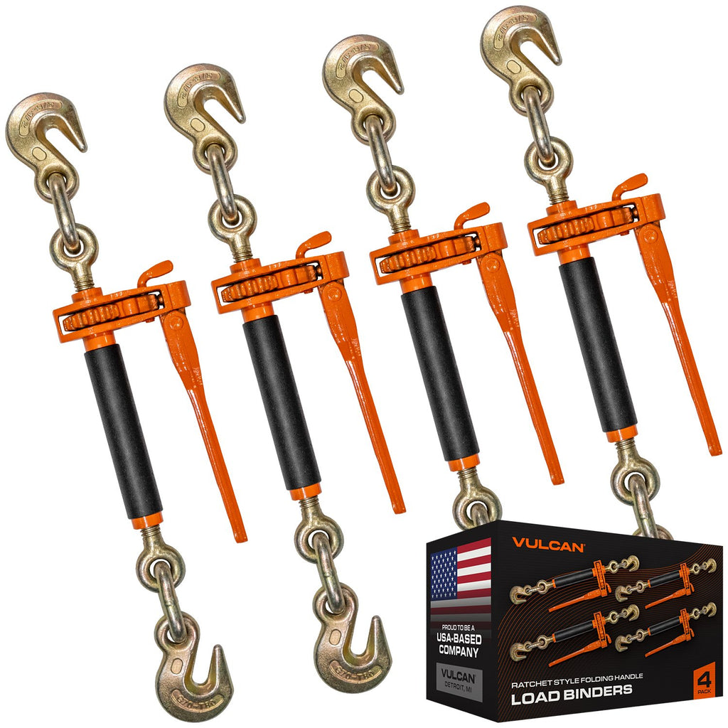 VULCAN Folding Handle Load Binder (Four Pack) with 2 Grab Hooks - Ratchet Style - 12000 Pound Safe Working Load (Works with 3/8 Inch Grade 70, 80 and 100 or 1/2” Grade 43 Chain)