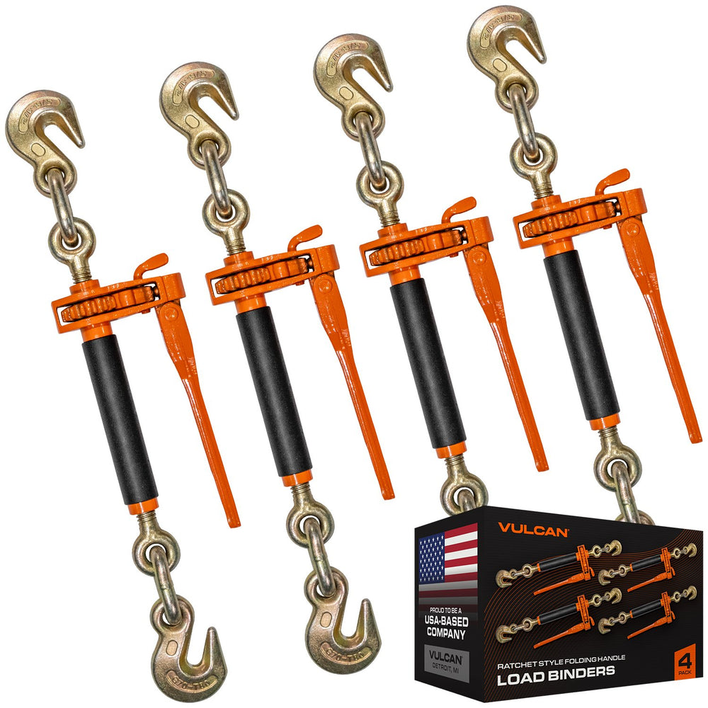 VULCAN Folding Handle Load Binder (Four Pack) with 2 Grab Hooks - Ratchet Style - 12000 Pound Safe Working Load (Works with 3/8 Inch Grade 70, 80 and 100 or 1/2” Grade 43 Chain)