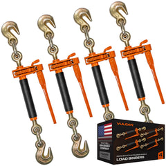 VULCAN Folding Handle Load Binder (Four Pack) with 2 Grab Hooks - Ratchet Style - 12000 Pound Safe Working Load (Works with 3/8 Inch Grade 70, 80 and 100 or 1/2” Grade 43 Chain)