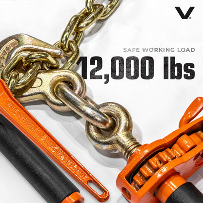 VULCAN Folding Handle Load Binder (Four Pack) with 2 Grab Hooks - Ratchet Style - 12000 Pound Safe Working Load (Works with 3/8 Inch Grade 70, 80 and 100 or 1/2” Grade 43 Chain)