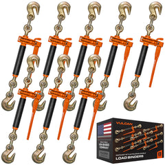 VULCAN Folding Handle Load Binder (Eight Pack) with 2 Grab Hooks - Ratchet Style - 12,000 Pound Safe Working Load (Works with 3/8 Inch Grade 70, 80 and 100 or 1/2” Grade 43 Chain)