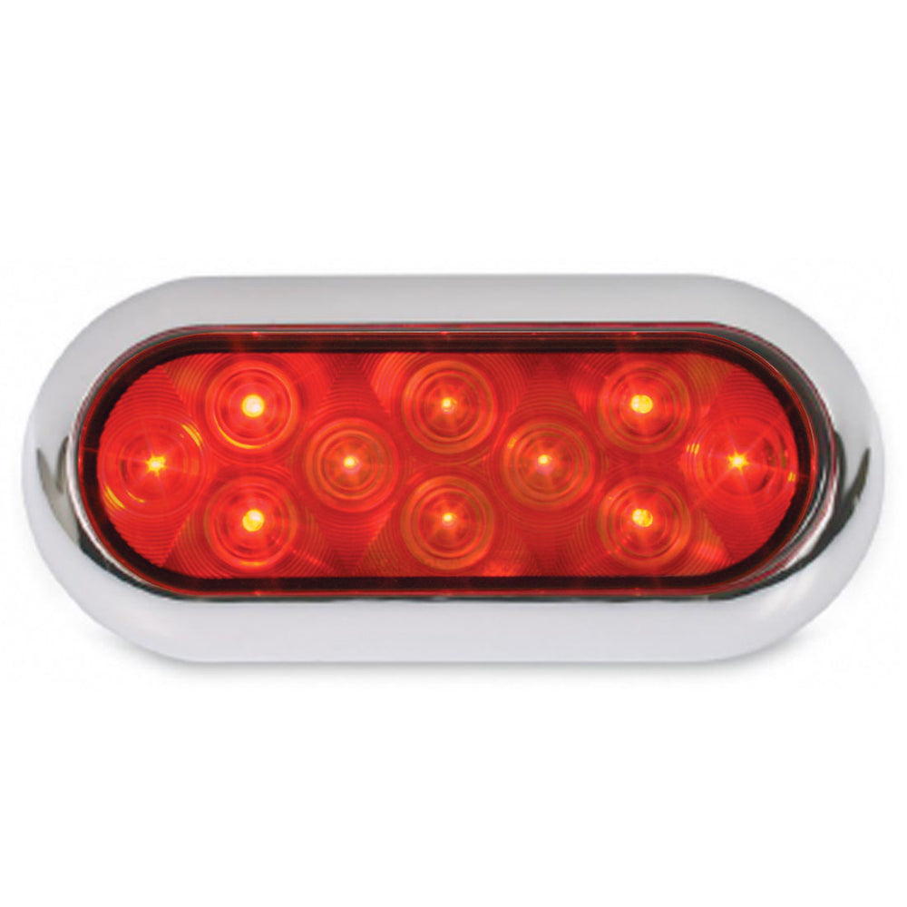 6 Inch Oval Flat Back LED Tail Light with Chrome Bezel - Red