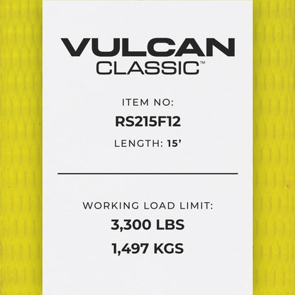 VULCAN Ratchet Strap with Flat Hooks - 2 Inch x 15 Foot - Classic Yellow - 3,300 Pound Safe Working Load