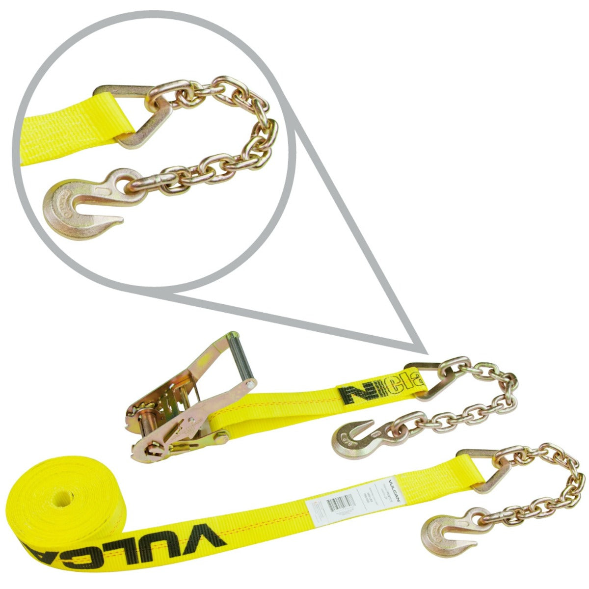 VULCAN Ratchet Strap with Chain Anchors - 2 Pack - Classic Yellow - 2 Inch x 27 Foot - 3,600 Pound Safe Working Load