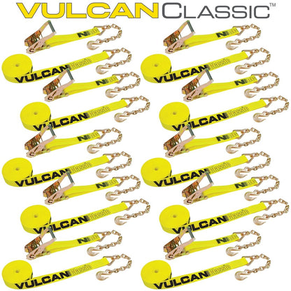 VULCAN Ratchet Strap with Chain Anchors - 2 Inch x 27 Foot, 10 Pack - Classic Yellow - 3,600 Pound Safe Working Load