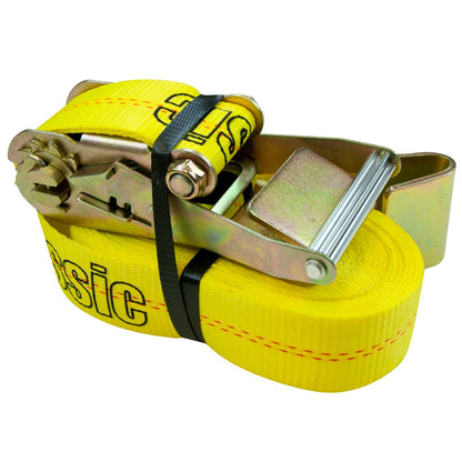 VULCAN Ratchet Strap with Flat Hooks - 2 Inch x 27 Foot - 2 Pack - YELLOW - 3,300 Pound Safe Working Load