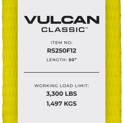 VULCAN Ratchet Strap with Flat Hooks - 2 Inch x 50 Foot - Classic Yellow - 3,300 Pound Safe Working Load