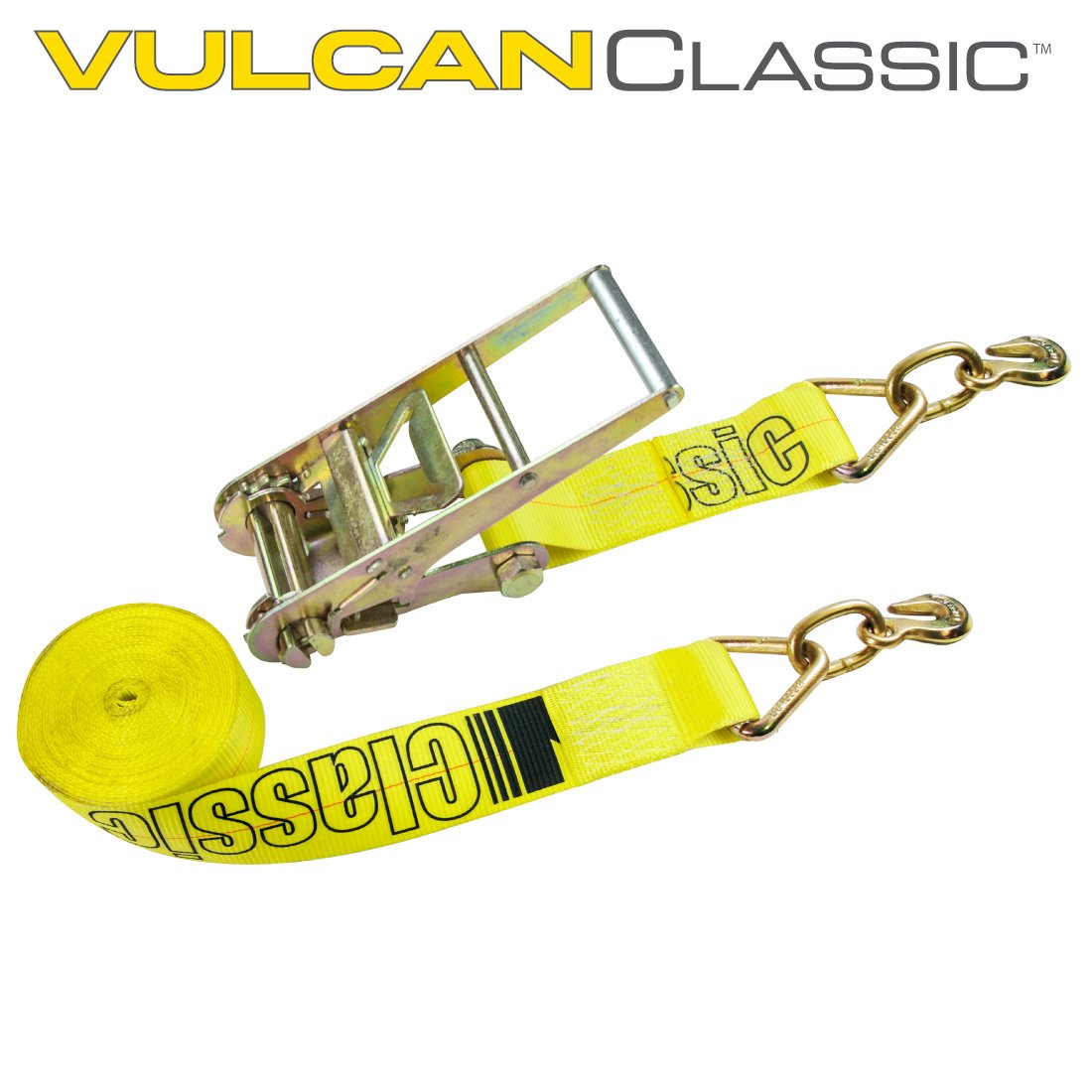VULCAN Ratchet Strap with Grab Hooks - 3 Inch x 27 Foot - Classic Yellow - 5,000 Pound Safe Working Load