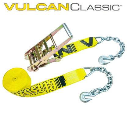 VULCAN Ratchet Strap with Chain Anchors - 3 Inch x 30 Foot - Classic Yellow - 5,000 Pound Safe Working Load