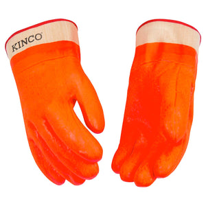 Work Gloves - Lined High Visibility Orange Sandy Finish PVC with Safety Cuff