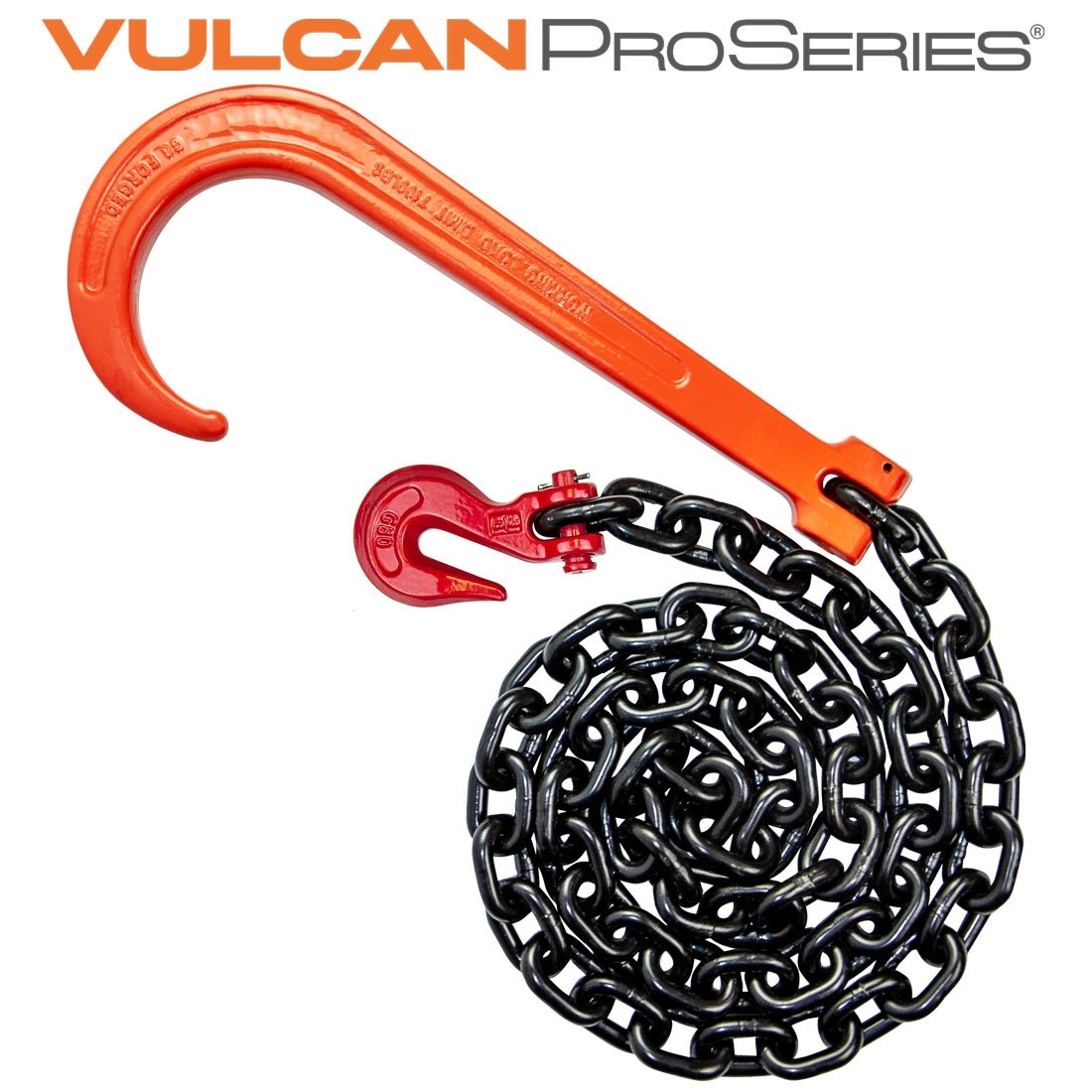 VULCAN Alloy Tow Chain with Forged Long J Hook - Grade 80 - 3/8 Inch x 6 Foot - PROSeries - 7,100 Pound Safe Working Load