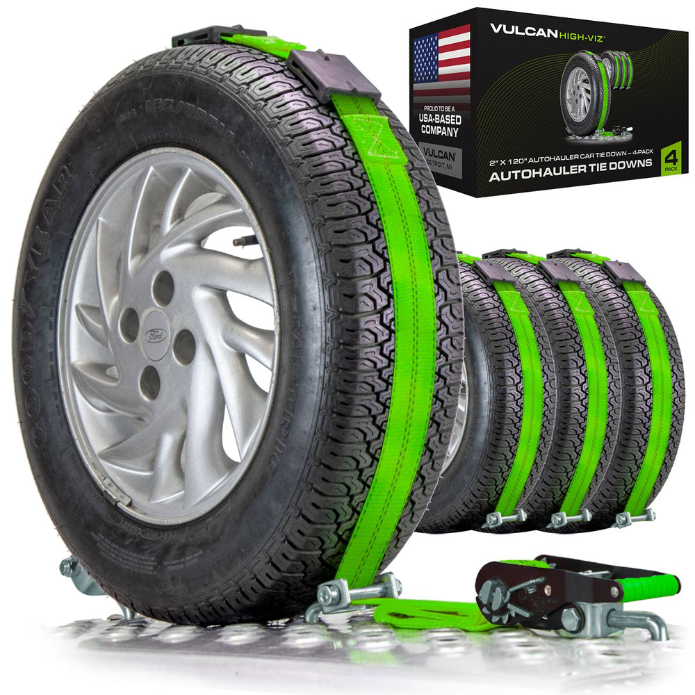 Scratch And Dent VULCAN Car Tie Down - Rolling Idler 3-Cleat - 120 Inch - 4 Pack - High-Viz - 3,300 Pound Safe Working Load