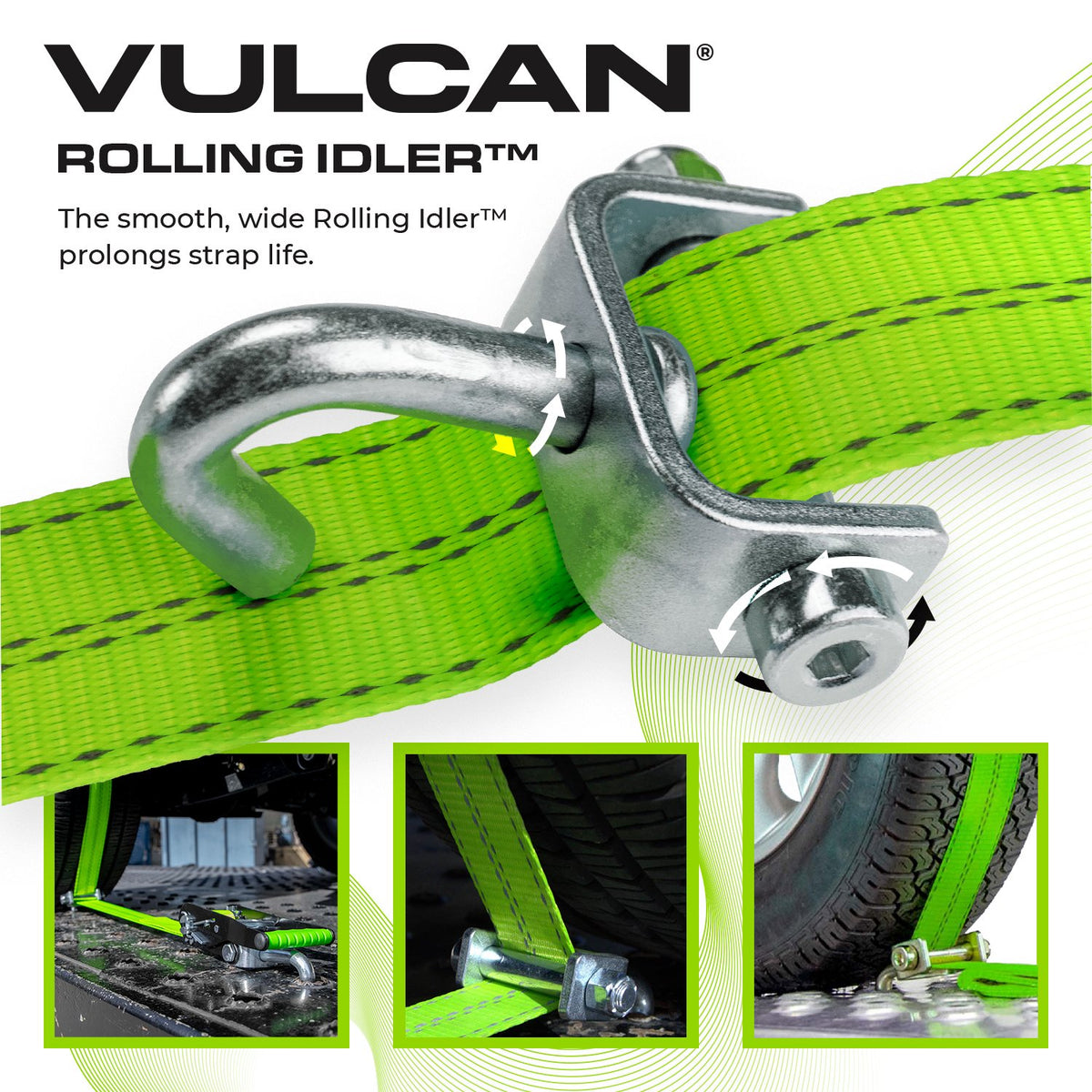 Scratch And Dent VULCAN Car Tie Down - Rolling Idler 3-Cleat - 120 Inch - 4 Pack - High-Viz - 3,300 Pound Safe Working Load