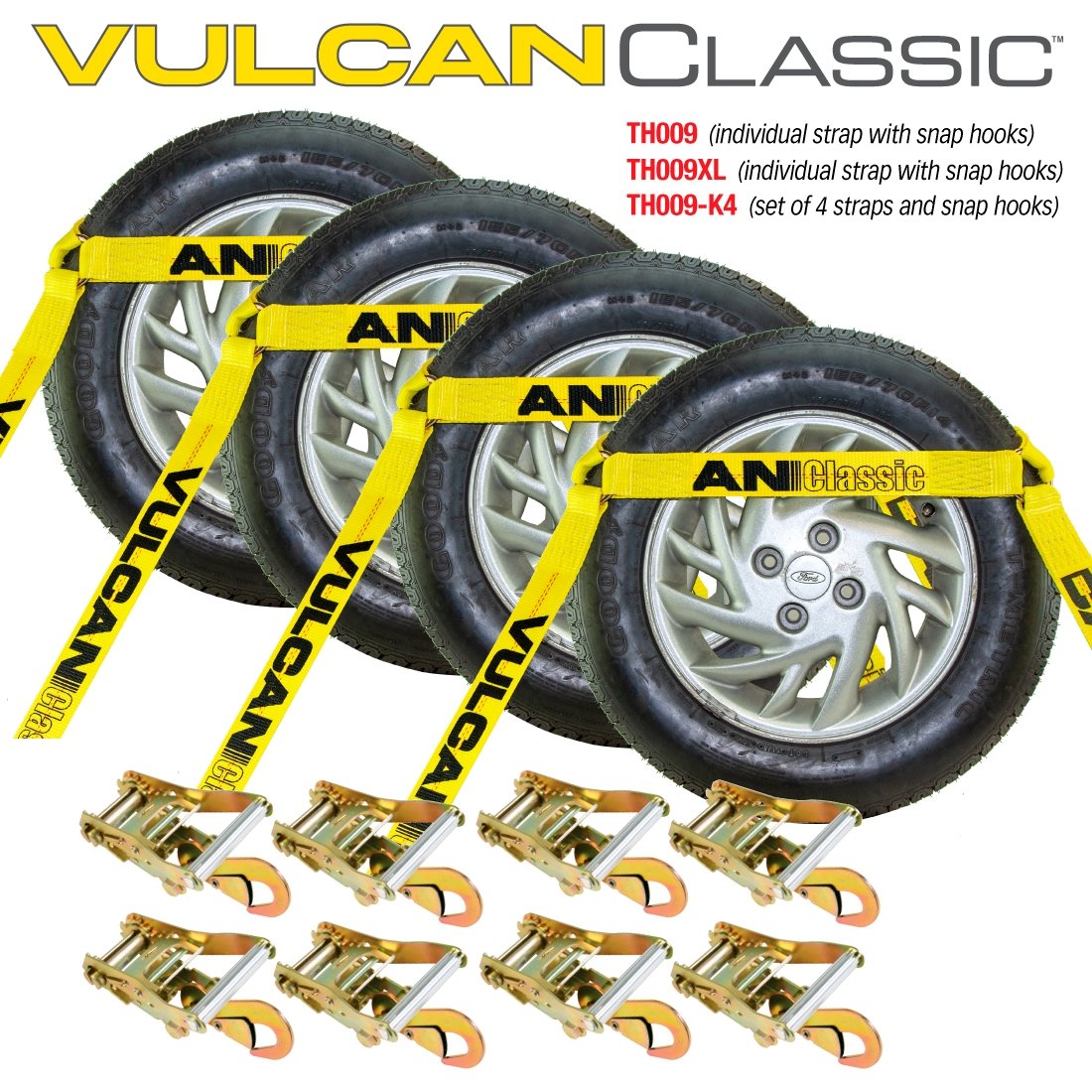 Scratch and Dent VULCAN Car Tie Down with Snap Hooks - Flat Bed Side Rail - 4 Pack - Classic Yellow - 3,300 Pound Safe Working Load