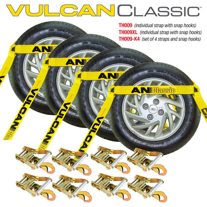 Scratch and Dent VULCAN Car Tie Down with Snap Hooks - Flat Bed Side Rail - 4 Pack - Classic Yellow - 3,300 Pound Safe Working Load