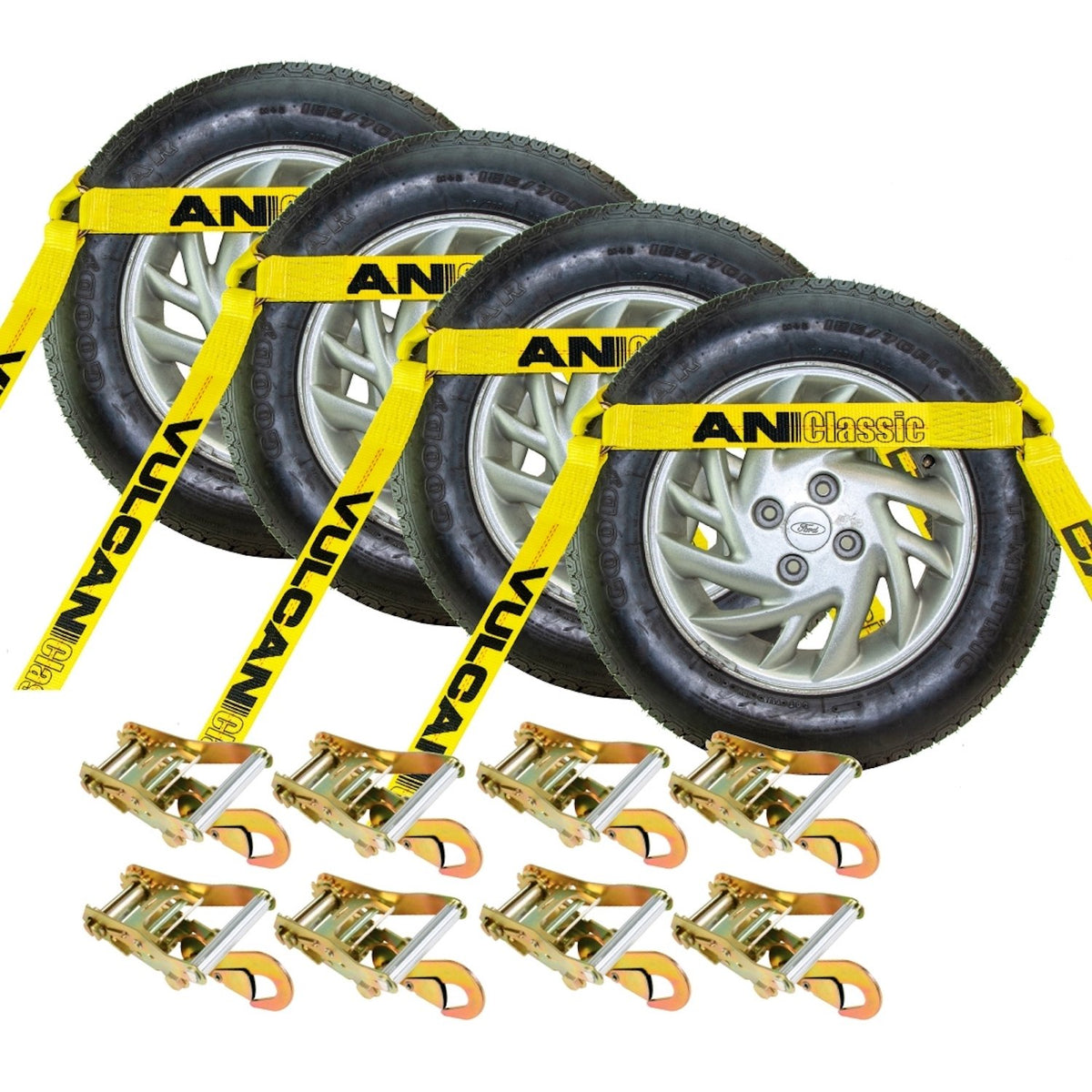 Scratch and Dent VULCAN Car Tie Down with Snap Hooks - Flat Bed Side Rail - 4 Pack - Classic Yellow - 3,300 Pound Safe Working Load
