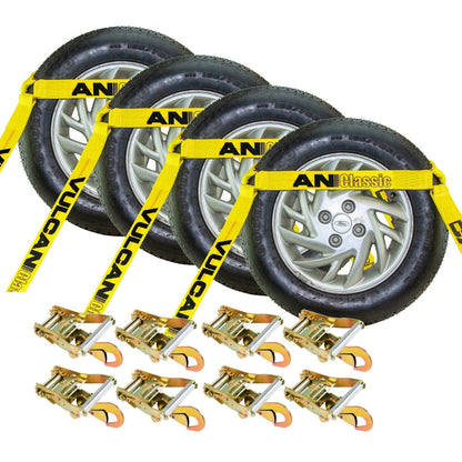 Scratch and Dent VULCAN Car Tie Down with Snap Hooks - Flat Bed Side Rail - 4 Pack - Classic Yellow - 3,300 Pound Safe Working Load