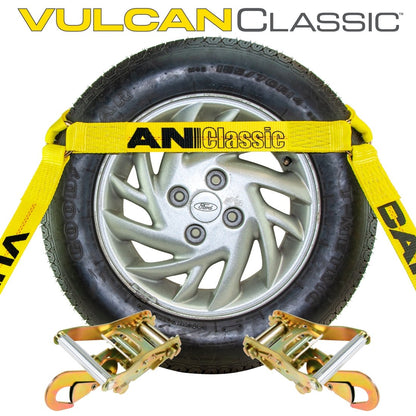 Scratch and Dent VULCAN Car Tie Down with Snap Hooks - Flat Bed Side Rail - 4 Pack - Classic Yellow - 3,300 Pound Safe Working Load