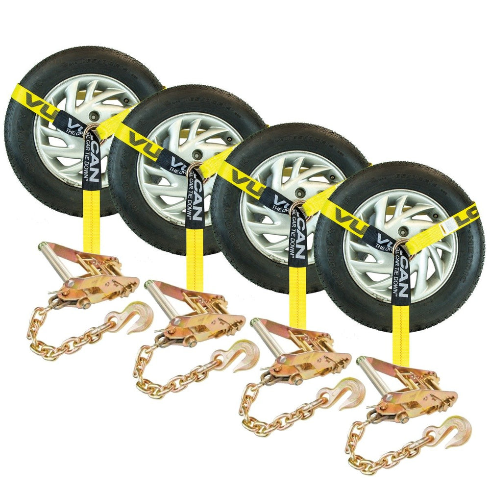 Scratch And Dent VULCAN Car Tie Down with Chain Anchors - Lasso Style - 2 Inch x 96 Inch, 4 Pack - Classic Yellow - 3,300 Pound Safe Working Load