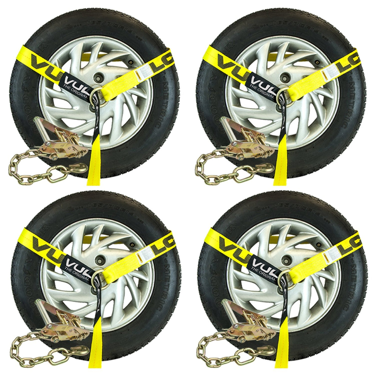 Scratch And Dent VULCAN Car Tie Down with Chain Anchors - Lasso Style - 2 Inch x 96 Inch, 4 Pack - Classic Yellow - 3,300 Pound Safe Working Load