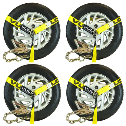 Scratch And Dent VULCAN Car Tie Down with Chain Anchors - Lasso Style - 2 Inch x 96 Inch, 4 Pack - Classic Yellow - 3,300 Pound Safe Working Load