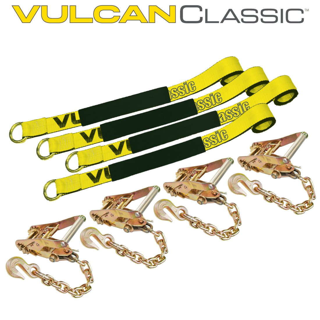 Scratch And Dent VULCAN Car Tie Down with Chain Anchors - Lasso Style - 2 Inch x 96 Inch, 4 Pack - Classic Yellow - 3,300 Pound Safe Working Load