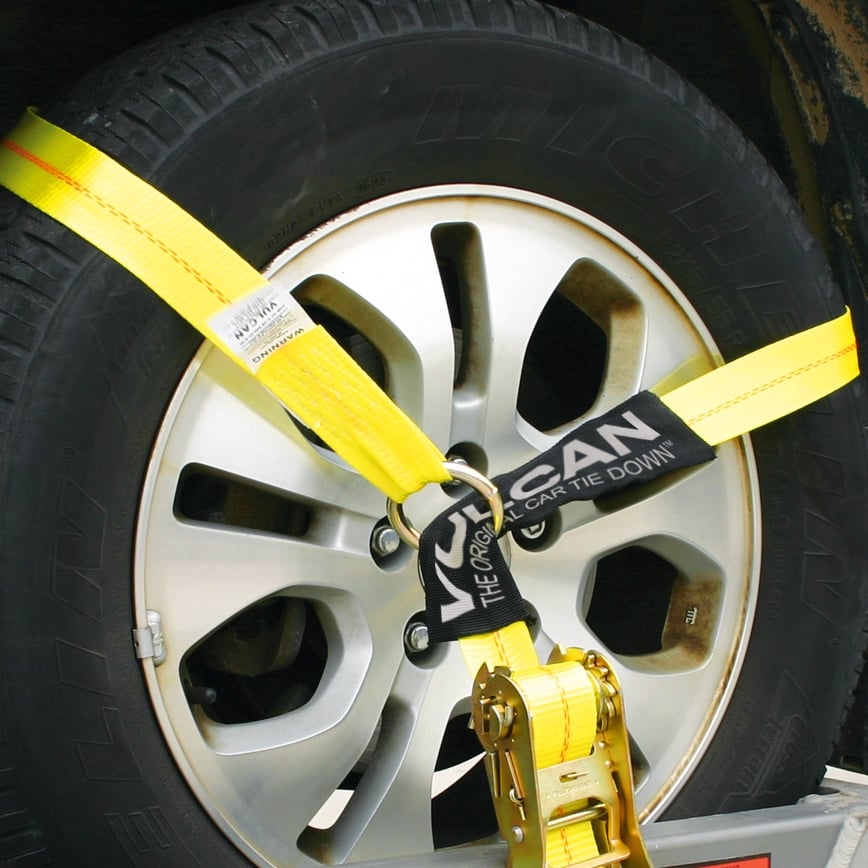 Scratch And Dent VULCAN Car Tie Down with Chain Anchors - Lasso Style - 2 Inch x 96 Inch, 4 Pack - Classic Yellow - 3,300 Pound Safe Working Load