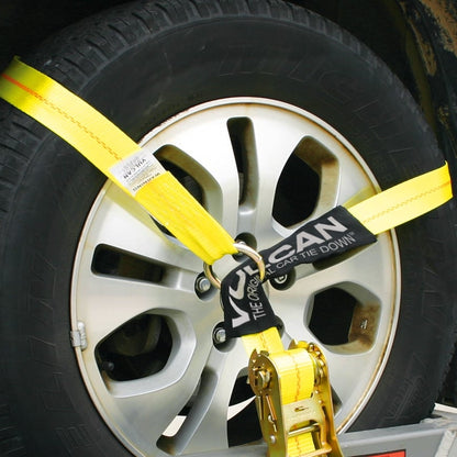 Scratch And Dent VULCAN Car Tie Down with Chain Anchors - Lasso Style - 2 Inch x 96 Inch, 4 Pack - Classic Yellow - 3,300 Pound Safe Working Load