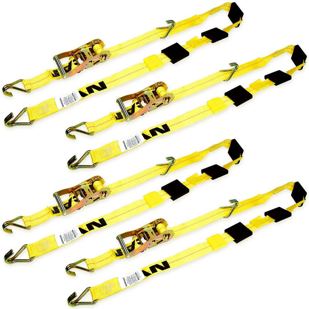 VULCAN Autohauler Car Tie Down with J Hooks - Sliding Idler 3-Cleat - 120 Inch - 4 Pack - Classic Yellow - 1,600 Pound Safe Working Load