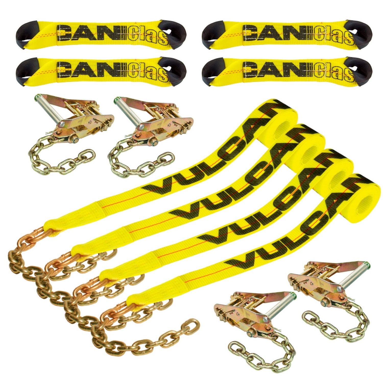 8-Point Hi-VIZ Tecnic Webbing Tie-Down Kit With Chain Tails - 18 Ft Straps (SnS TOW-8PTCH-TEC18-HV)
