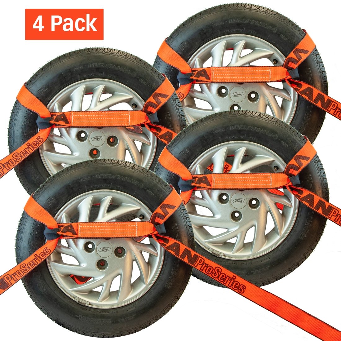 VULCAN 8-Point Roll Back Vehicle Tie Down Kit with Snap Hook on Strap Ends and Chain Tail on Ratchet Ends - Set of 4 - PROSeries