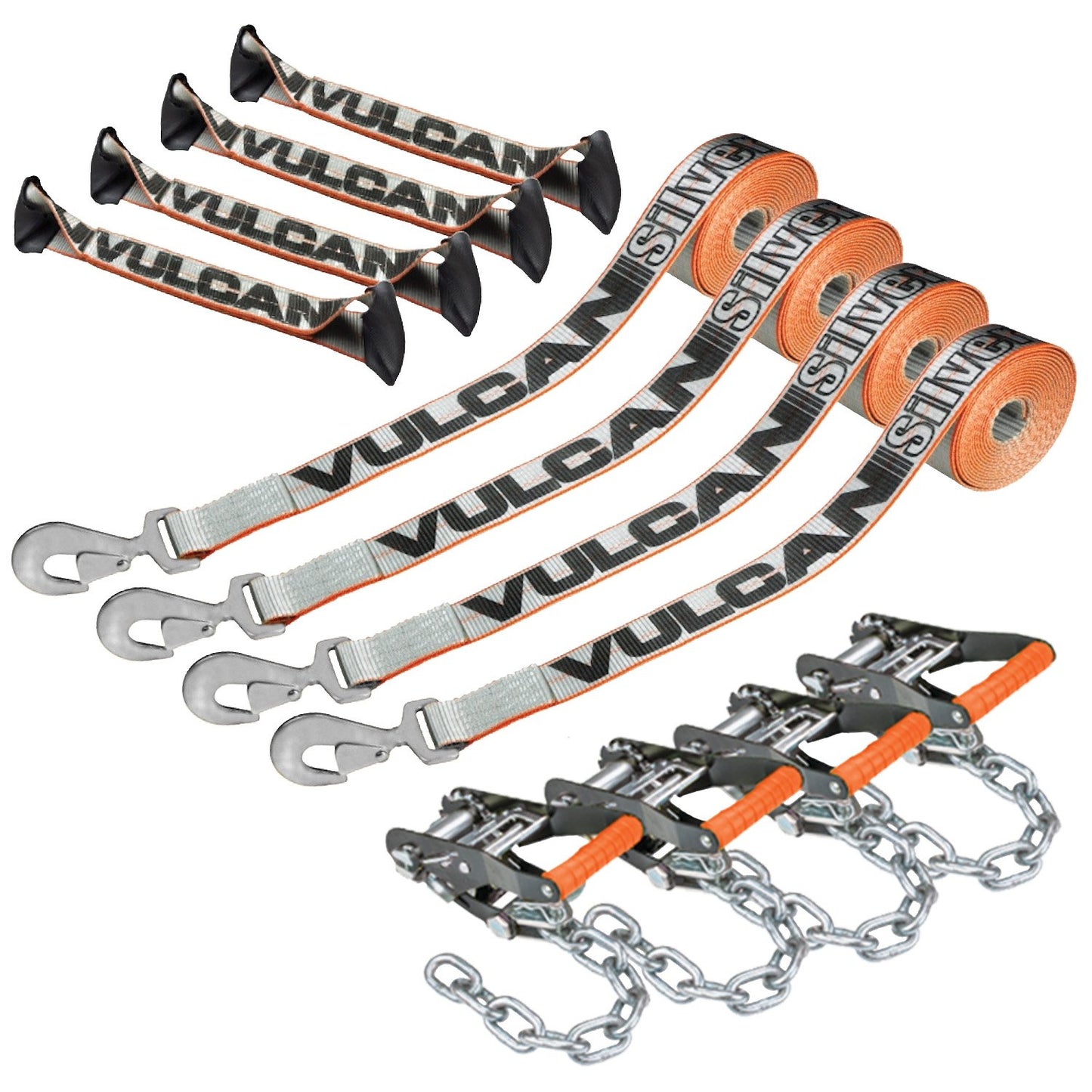 VULCAN 8-Point Roll Back Vehicle Tie Down Kit with Snap Hook on Strap Ends and Chain Tail on Ratchet Ends - Set of 4 - Silver Series