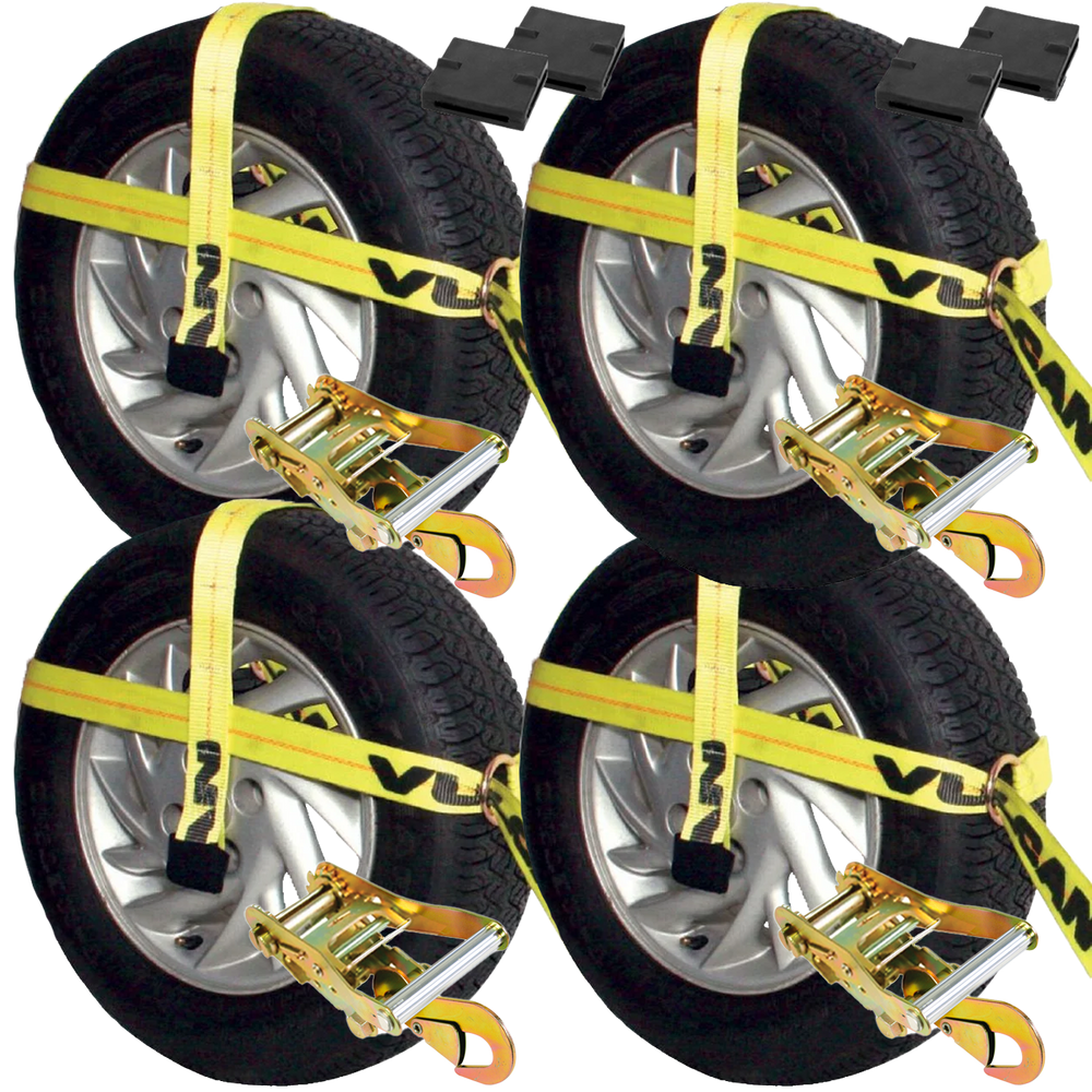 VULCAN Car Tie Down Kit - Adjustable Loop - Snap Hooks - Classic Yellow - Complete Kit Includes 4 Straps and 4 Ratchets