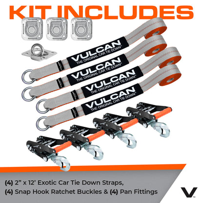 VULCAN Exotic Car Rim Tie Down Set with Flush Mount Pan Fittings - 2 Inch x 144 Inch - 4 Straps - Silver Series - 3,300 Pound Safe Working Load