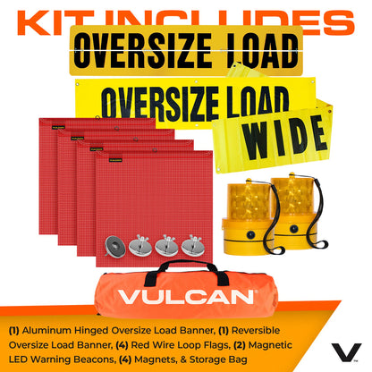 VULCAN Wide Load Kit - Includes (1) 12x72" Oversize Load Sign,  (2) 14x72" Reversible Wide Load/Oversize Load Signs, (4) Wire Loop Flags, (4) Flag Magnets, And (2) FREE Amber Beacons
