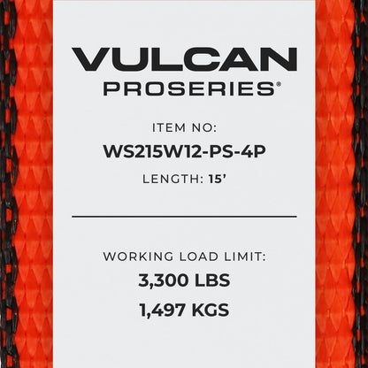 VULCAN Winch Strap with Heavy Wire Hook - 2 Inch x 15 Foot - 4 Pack - PROSeries - 3,300 Pound Safe Working Load