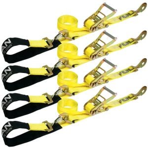 VULCAN Axle Tie Down Combo Strap with Snap Hook Ratchet - 2 Inch x 114 Inch - 4 Pack - Classic Yellow - 3,300 Pound Safe Working Load