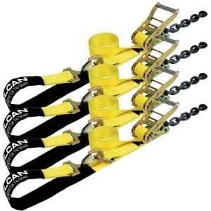 VULCAN Axle Tie Down Combo Strap with Chain Tail Ratchet - 2 Inch x 114 Inch - 4 Pack - Classic Yellow - 3,300 Pound Safe Working Load