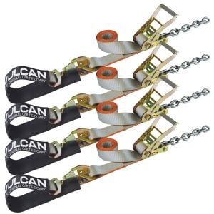 VULCAN Axle Tie Down Combo Strap - Chain Tail Ratchet - 2 x 114 Inch - 4 Pack - Silver Series - 3,300 Pound Safe Working Load