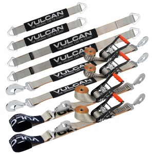 VULCAN Ultimate Axle Tie Down Kit - Silver Series - Includes (2) 22 Inch Axle Straps, (2) 36 Inch Axle Straps, (2) 96 Inch Snap Hook Ratchet Straps, and (2) 112 Inch Axle Tie Down Combination Straps
