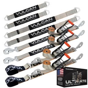 VULCAN Ultimate Axle Tie Down Kit - Silver Series - Includes (2) 22 Inch Axle Straps, (2) 36 Inch Axle Straps, (2) 96 Inch Snap Hook Ratchet Straps, and (2) 112 Inch Axle Tie Down Combination Straps