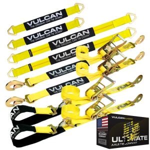 VULCAN Ultimate Axle Tie Down Kit - Classic Yellow - Includes (2) 22 Inch Axle Straps, (2) 36 Inch Axle Straps, (2) 96 Inch Snap Hook Ratchet Straps, and (2) 112 Inch Axle Tie Down Combination Straps