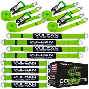 VULCAN Complete Axle Strap Tie Down Kit with Wire Hook Ratchet Straps - High-Viz - Includes (4) 22 Inch Axle Straps, (4) 36 Inch Axle Straps, and (4) 15' Wire J Hook Ratchet Straps